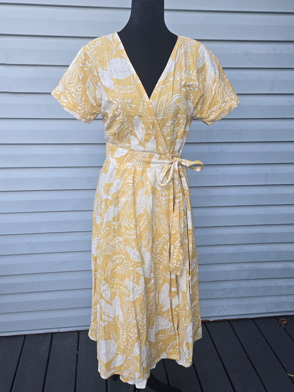 Sézane Mustard Yellow Floral Palm Print Linen Blend Wrap Midi Dress EU 36 / US 4